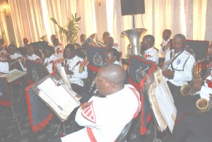 Entertaining: The Guyana Police Force Military band entertains at the official opening of the 24th annual general meeting and conference of the Association of Caribbean Commissioners of Police (ACCP) at the Pegasus Hotel yesterday. (Photo by Jules Gibson)