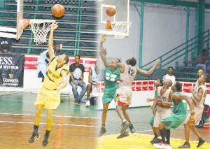 Plaisance point guard Hugh Arthur executes a lay-up during his side’s 84-61 win over East/West Ruimveldt (left) and Vivian Alder (#12) was late in his attempt to stop this Charlestown player from scoring in this composite photo. (Photos by Orlando Charles)  