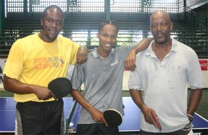 French Guiana here we come! From left, national men’s players Christopher Franklyn, Hewley Griffith and Colin France. The trio left Guyana this morning to participate in a quadrangular tournament in French Guiana. (Orlando Charles photo)  