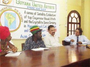 Chief Executive Officer of Go-Invest Geoffrey Da Silva (second right) speaking to members of the media. He is flanked by Desmond Alli (right) Linden Jemmot (second left) and Violet Whitehead of the Guyana United Artists.