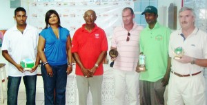Winner Monnef Arjune, Nisa Walker wife of William Walker, Mel Sankies - President of the Lusignan Golf Club, William  Walker, Lakram Ramsundar and Albert Russell. 