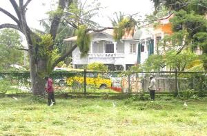 Labourers finishing up their task of clearing the backyard of Uncle Eddie’s Home which was up to early yesterday morning covered in vegetation more than one foot in height. (Photo by Orlando Charles)  