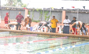  And they’re off! Part of the action in yesterday’s GASA Independence Swim Meet at the Castellani Pool. In Photo, from left to right, Nial Roberts, Jamaal Sobers and Fabian Binns (Orlando Charles photo)    