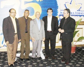 At Demtoco’s 75th anniversary reception: L-R Demtoco Managing Director Chandradat Chintamani, Labour Minister Manzoor Nadir, DDL Chairman Yesu Persaud, Felicio Ferraz, Country Manager, CARISMA, the Caribbean grouping of British-American Tobacco and Roraima Airways CEO Captain Gerry Gouveia.                          