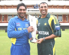 The rival captains pose with the ICC World Twenty20 trophy on the eve of the final. 