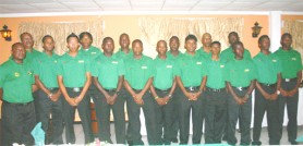 Ready for take off! The Guyana Under-19 cricket team and managers pose at Monday evening’s gathering before heading off to the TCL Three-day and One-day Regional Series in Jamaica.