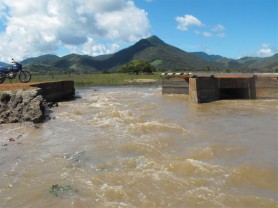 The washed away portion of the Rupununi road at Mountain Point from two different angles. This portion, at the side of a culvert, washed away following heavy rains. It has since been repaired, Regional Chairman, Clarindo Lucas says.   