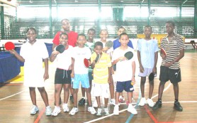 Some members of the national Cadet team at the Cliff Anderson Sports Hall yesterday. The players are training for the upcoming fourth annual Cadet championships set for Barbados from August 16-22. (Orlando Charles photo) See story on page 25.     