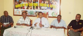 From left to right are Carl Brandon; Director of Sport, Neil Kumar; Minister of Sport, Dr Frank Anthony; Hassan Mohamed and Nazim Hussain addressing the media yesterday on the ‘Big Ride’ slated for August 23.  