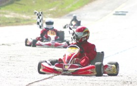 Gavin Gayadin (#24) and Kristian Jeffrey (#261) bearing the chequered flag at the South Dakota Circuit. The two will be in action today at the GM&SC go-kart event  
