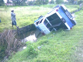 Police vehicle ends up in ditch: Yesterday afternoon, police vehicle PKK 739 ended up in a ditch at Belfield, East Coast Demerara. The drive was uninjured and it appeared as if he had fallen asleep at the wheel. 