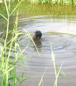 A man searches for the submerged car in the trench  