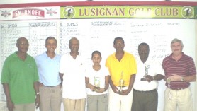 The prize winners along with officials of Demerara Mutual Insurance Company and the Lusignan Golf Club.  