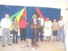 Ending the speculation: Incumbent Robert Corbin as he announced his candidacy for PNCR leader at a special briefing at Congress Place yesterday.  He is flanked by his supporters (from left to right) MP Dr George Norton, Beni Rayman, Lurlene Nestor, party vice-chairs Basil Williams and Volda Lawrence and MPs Amna Ally and Dave Danny.