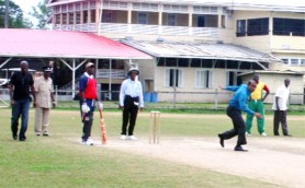  President of the Republic of Guyana, Bharrat Jagdeo, follows through his delivery stride at the ceremonial bowl off at the Eve-Leary Sports Complex Ground on Wednesday in a feature match between the Guyana Police and the Guyana Defence Force teams. (Orlando Charles photo)    