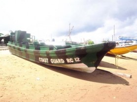 The Guyana Defence Force boat that the ranks used in the robbery/murder of Dweive Kant Ramdass, at the Parika beach yesterday.   