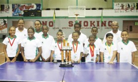 Team Guyana poses with their spoils after returning from the cadet table tennis tournament in Barbados. 