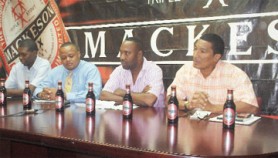 From left are  Mark Bradford, Ansa McAl Marketing Director Troy Cadogan, organizers Frank ‘English’ Parris and Kashif Mohammad addressing the media at yesterday’s 6th Futsal tournament launching.     