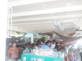 Passengers scrambling for space on board the MV Kimbia prior to departure yesterday 