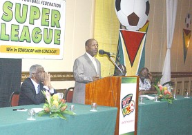 GFF President Colin Klass gives an overview at the launching of the Super League (Orlando Charles photo)   