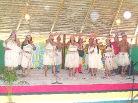 Dancers from the village of Orealla entertaining those in attendance at the official launch of Amerindian Heritage Month yesterday at the Sophia Exhibition Complex. (Heppilena Ferguson photo) 