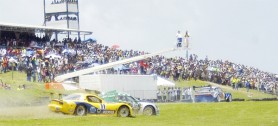 Oops! Guyana’s Andrew King and Stuart Williams both lost control and ran off the track on Sunday at the Bushy Park Circuit in Barbados. (Rawle Toney photo)    