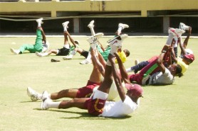 Physically Fit! Guyana’s players go through an exercise routine at the Guyana National Stadium, Providence led by Sewnarine Chattergoon, not in photo. 