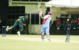 Uprooted! President’s XI bowler Esaun Crandon sent Xavier Marshall’s stumps flying in game one of the President’s Premier League T20 game at the Guyana National Stadium, Providence on Friday night.