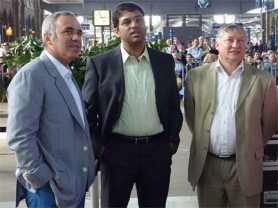 Three world champions: Kasparov, Anand and Karpov were photographed two weeks ago in Zurich. Kasparov and Karpov will play a chess match from September 21 to 24 in Valencia to commemorate the 25th anniversary of their first world championship match in 1984 in Moscow.