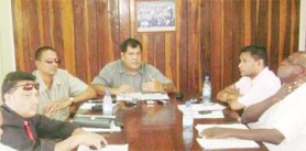 GCB president Chetram Singh addressing members of the media yesterday on the Board’s development plan. Also in the photo are other members of the executive body - from left are VP Bissoondial Singh, Marketing Representative Ramsey Ali, Secretary Annand Senassie and Chairman of the Competitions Committee for schools and female cricket, Colin Europe.  