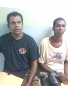 Remand prisoners Rajin Persaud (left) and Suresh Hardowar at the public hospital yesterday. 
