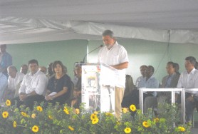 Brazil’s President Luiz Inacio Lula da Silva speaking at the opening of the Takutu Bridge yesterday.   