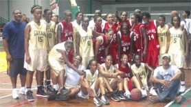 SHOWING SOME LOVE!  Players on the South Carolina Lady All Star team and their Guyanese counterparts showing camaraderie after their first game at the Cliff Anderson Sports Hall. (Orlando Charles Photo) 