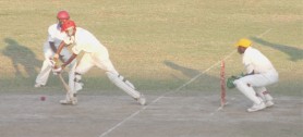 Sauid Drepaul defends on the front foot in his futile half century at the Demerara Cricket Club (DCC) ground yesterday. (Orlando Charles photo)  
