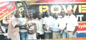 The prize winners at Monday’s presentation ceremony. Organiser O’Neil Durant is extreme left, Director of Sport Neil Kumar at right and Banks DIH Communications Manager Troy Peters third from right.  
