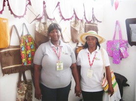 Petal Frank (left) and her sister Doreen Morrison (right) standing in their GuyExpo booth. Morrison is wearing a woven hat and bag made by her sister.  