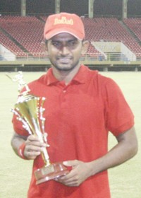 Sewnarine Chattergoon was declared the man of the match for his 102. (Orlando Charles photo)