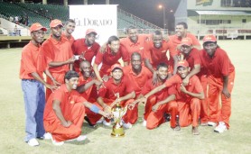 The victorious Berbice team after they defeated Demerara in the final of the Inter-County limited overs tournament yesterday. (Orlando Charles photo) 