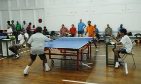 Action in the Kenneth De Abreu league table tennis tournament which got underway on Saturday at the Malteenoes Sports Club. (Aubrey Crawford photo)