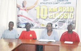 Executives of the AAG addressed media operatives yesterday at Olympic House. In the photo are Shirley Hooper, Mark Scott (extreme right), Dick Iphill (left) and Second Vice President Cordell Rose, second from left.         