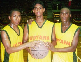 As good as Gold! Team Captain Akeem ‘ The Dream’ Kanhai (center) flanked by Shelroy Thomas (left) and Orin Rose after destroying French Guiana. (Rawle Toney photo)     