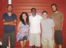 Couch Surfers, Frenchman Guillaume, Brazilian Claudia, Guyanese Navin, Italian Gianluca and Frenchman Gary posing for The Scene at the Tropicana Hotel in Georgetown.