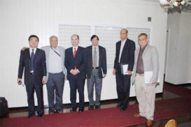 Members of the fact-finding team pose after their courtesy call on President Bharrat Jagdeo. At left is Liang Guotao, Chief Engineer, General Machinery Engineering Department of the China National Heavy Machinery Corporation and beside him is Dr. Aicardo Roa-Espinosa, President of Soil Net Limited. Second from right is Vic Oditt, proprietor of the Pirara Ranch. (GINA photo)