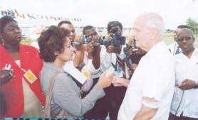 Editor-in-Chief David de Caires speaks to the media on the road outside the Conference Centre about the Stabroek News protest in relation to the withdrawal of state ads and the fact the police would not allow the staff to hold placards, October 15 2007