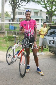 Yea Man! Jamaican Marleo Rodman after winning the first stage in Berbice. Rodman now sits second over-all behind Guyana’s Geron Williams (Orlando Charles photo) 