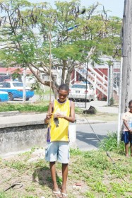 Saturday morning fishing: Well it was not the Rockstone fish festival, but this young man spent yesterday morning with his homemade rod in a trench at the corner of Parade and Barrack streets and was rewarded with a small catch. (Photo by Jules Gibson)