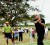 Mike Fung tees off to get this year’s Guyana Open Golf Tournament underway. (Troy Peters photo)