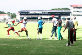 FITNESS IS THE KEY! Members of the Guyana national cricket squad during a training session at the GCC, ground Bourda yesterday. (Orlando Charles photo)