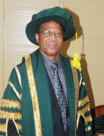 Caribbean Development Bank President, Dr Compton Bourne moments after he was installed as the 8th Chancellor of the University of Guyana yesterday at the George Walcott Lecture Theatre, Turkeyen Campus. Bourne brings a wealth of experience to the post and is expected to steer the university through a challenging period.  He is the fifth Guyanese to be chancellor of the university and his predecessor, Dr. Bertrand Ramcharan, served from 2004 to 2007.