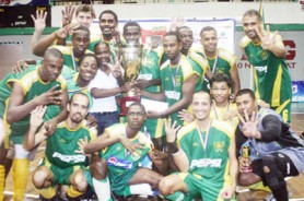 Champs again! Hikers’ players all smiles as they lift their Silverware to signify another championship in the GHB’s Diamond Mineral Water International Indoor Hockey Festival (Orlando Charles photo)